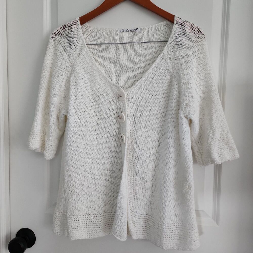 Lulu B 100% Cotton Cardigan Sweater L Open Knit Button Front Coastal Boho Artsy